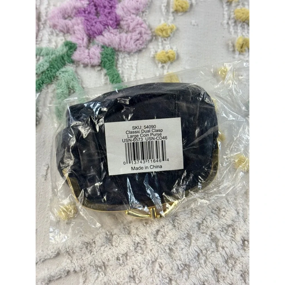 Classic Black Sheep Leather Dual Clasp Large Coin Purse Gold Hardware USN-6573